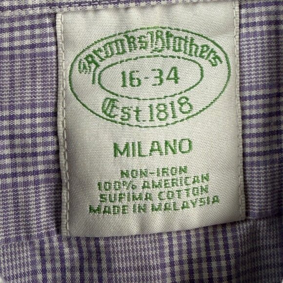 Brooks Brothers Milano Cotton Check Non-Iron 16 34 Purple Shirt Long Sleeve Men - Picture 8 of 12